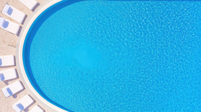 Aerial view of swimming pool with clear blue water and white lounge chairs arranged neatly around edge, creating serene and inviting atmosphere