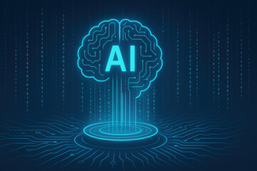 glowing digital brain with AI in center symbolizes artificial intelligence, surrounded by binary code and circuit patterns, representing technology and innovation