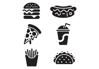 Vector icons of fast food items like burger, pizza, fries, taco, and soda in black silhouette.