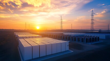 Sunset over a Massive Battery Energy Storage System