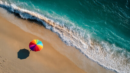 Obraz premium Colorful umbrella on sandy beach with turquoise waves from aerial view