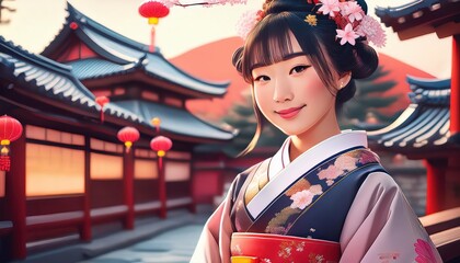 Elegant Eastern Beauty in Traditional Maid Costume, Enchanting a Tranquil Japanese Setting with Vibrant Colors and Delicate Textures, Exuding Grace and Serenity.