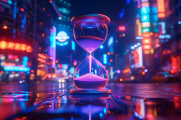 A glowing hourglass stands prominently against a neon-lit futuristic cityscape, reflecting vibrant colors
