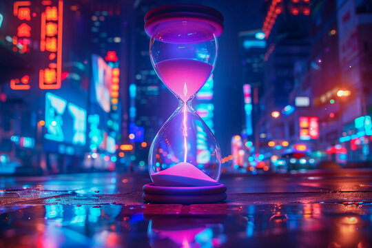 A glowing hourglass stands prominently in the middle of a neon-lit futuristic street at night reflecting on wet pavement - Powered by Adobe