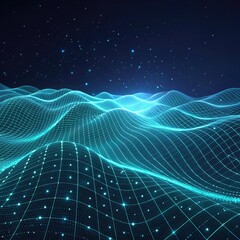 Fond ondul&eacute; 3D avec effet de vague. Surface en grille avec particules.