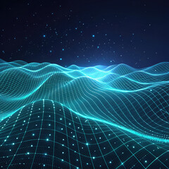 Fond ondul&eacute; 3D avec effet de vague. Surface en grille avec particules.