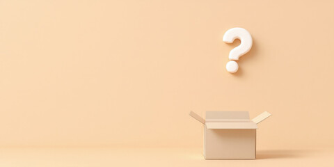 Open box with floating question mark on beige background