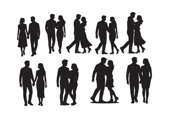 Vector icons of couples in various poses, including walking, holding hands, and dancing in silhouette style.