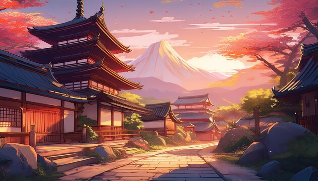 Tranquil Dawn Breaks Over a Charming Japanese Village, Showcasing a Peaceful Coexistence of Ancient Temples and Shrines in a Vibrant Anime Landscape.
