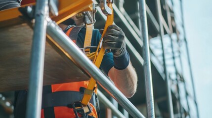 Industrial scaffolding technician assembling structural platforms. Featuring safety and engineering expertise