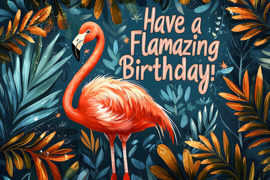 Birthday greeting card with flamingo character and the words "Have a Flamazing Birthday!"
