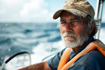A seasoned fisherman in a yellow coat focuses ahead while navigating the turbulent ocean waters.