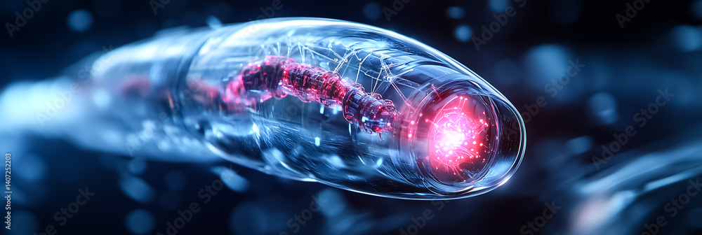 Poster futuristic nanobot exploring digital particles within a high-tech virtual setting. translucent desig