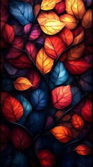 Vibrant Fall Leaves Phone Wallpaper   Red Orange Yellow  and Blue Leaves | Dark Background Contrast

