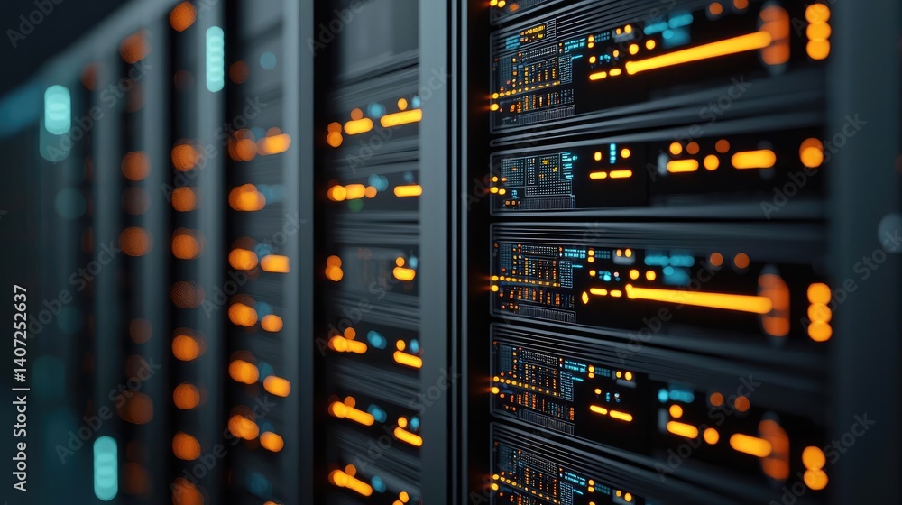 Poster cloud ai for medical data secure intelligence and risk concept. close-up of data servers with glowin