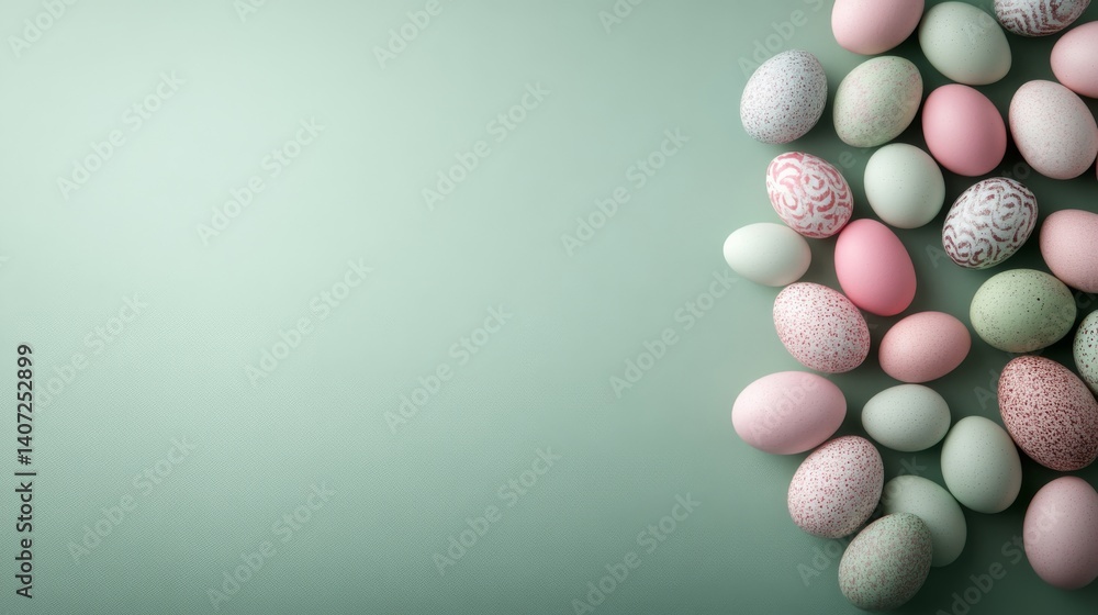 Poster a collection of pastel-colored easter eggs with detailed patterns is elegantly arranged on a soft gr