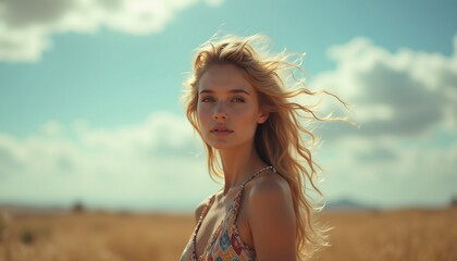Naklejka premium Golden Hour Beauty: A young woman with long blonde hair stands in a golden wheat field, windswept and serene, bathed in the warm light of the setting sun. Her expression is calm and contemplative.