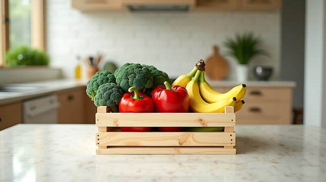Minimal kitchen counter with a box of organic produce including broccoli, bell pepper, and bananas