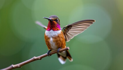 Fototapeta premium Vibrant Hummingbird Perched on Branch Wings Spread Colorful Feathers Nature Photography