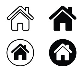 A set of four home icons in black and white, featuring outline and solid styles, with some enclosed in circles, suitable for web design, app icons, and navigation.

