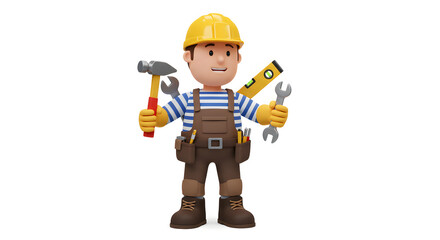 Handyman Cartoon Repairman Construction Worker Tools 3D Render Maintenance