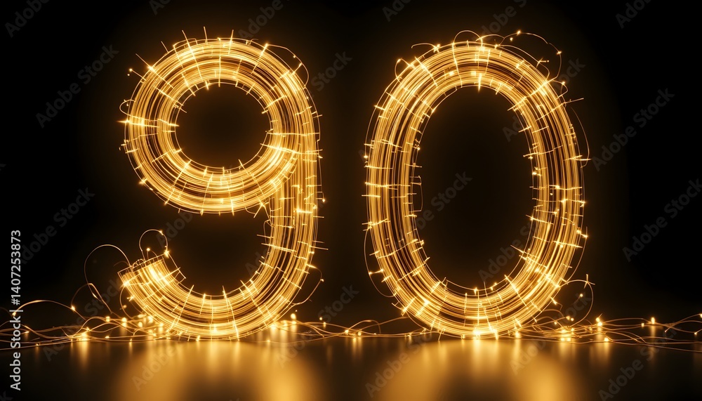 Poster golden glowing number ninety with delicate string lights on dark surface