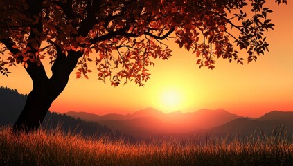 Tree silhouette against a sunset over hills with grass in foreground.