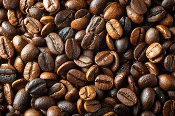 Obraz premium Roasted Coffee Bean Texture: An up-close shot of freshly roasted coffee beans, showcasing their rich brown hues and intricate details.