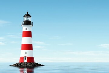 Obraz premium Red and White Lighthouse on Calm Blue Sea under Clear Sky