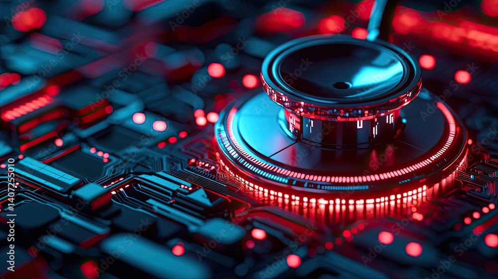 Poster stethoscope on digital circuit board technology data ai concept. futuristic circuit board with vibra