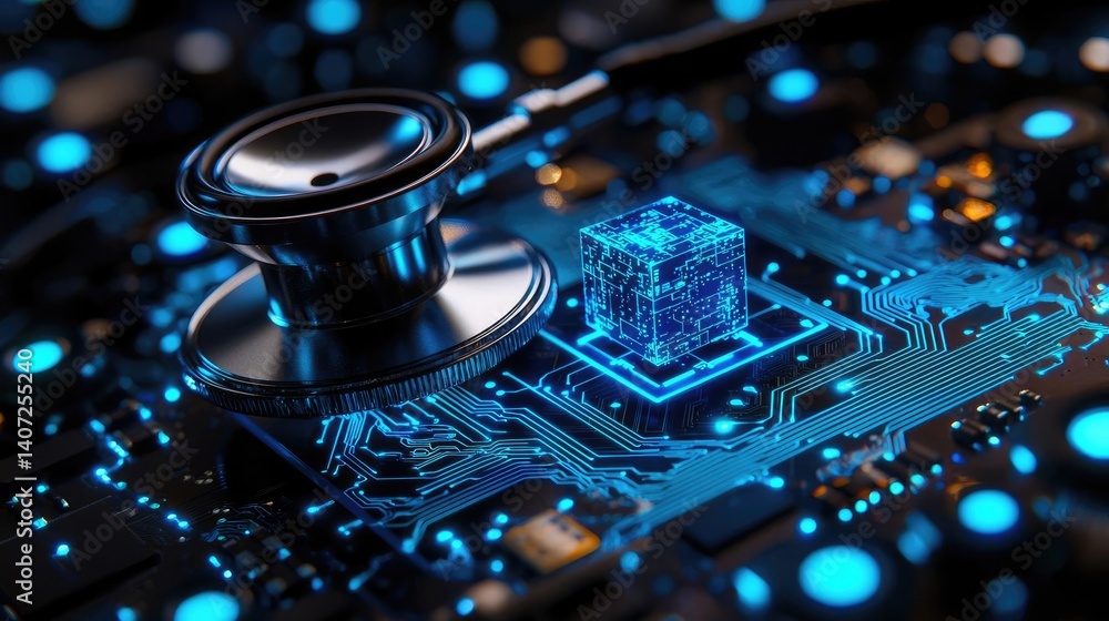 Poster stethoscope on digital circuit board cyber future network concept. futuristic stethoscope on microch