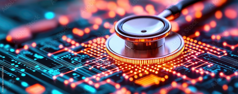Poster stethoscope on digital circuit board ai healthcare data concept. a stethoscope placed on a computer 