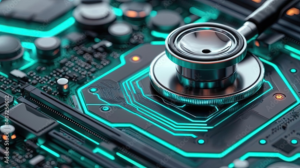 Poster stethoscope on digital circuit board cyber future network concept. a close-up of a circuit board wit
