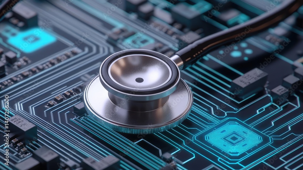 Poster stethoscope on digital circuit board healthcare data ai concept. a stethoscope on a circuit board re