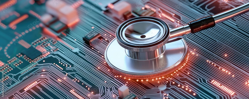 Poster stethoscope on digital circuit board ai healthcare data concept. stethoscope on a circuit board repr