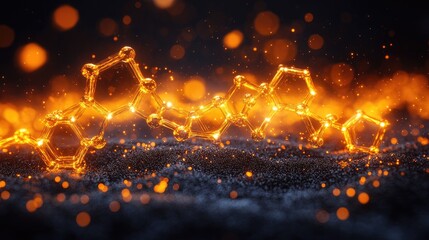 Glowing molecular structure over a textured surface with bokeh lights on a dark background