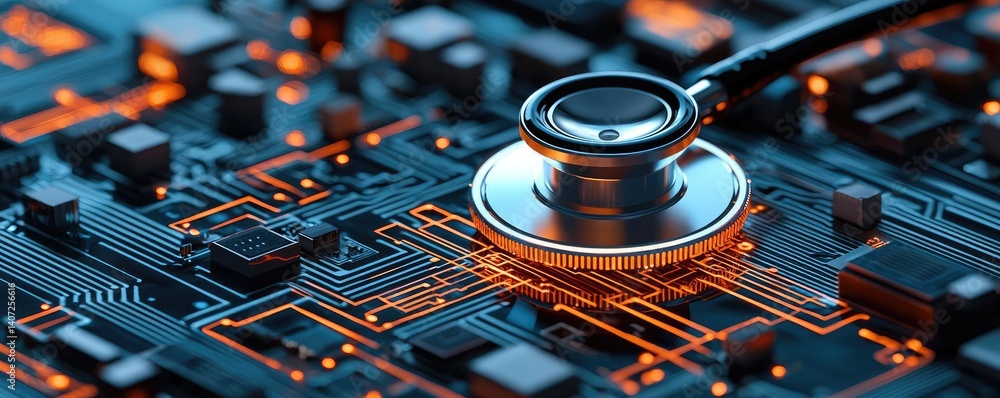 Poster stethoscope on digital circuit board technology data ai concept. a stethoscope on a circuit board sy