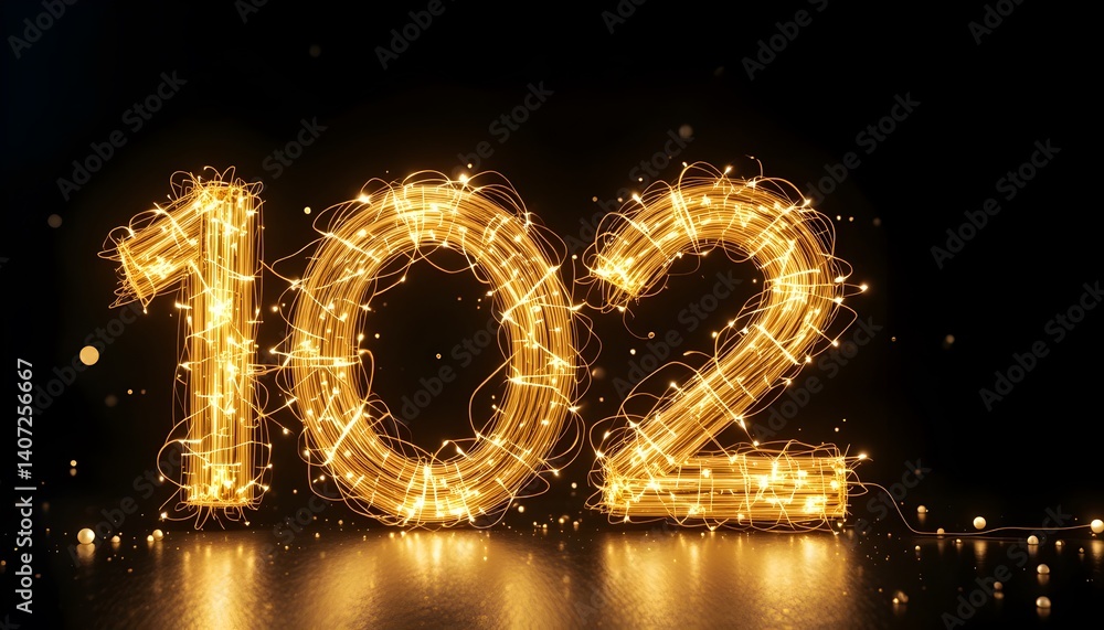 Poster radiant number 102 display, illuminated by glittering gold light strings