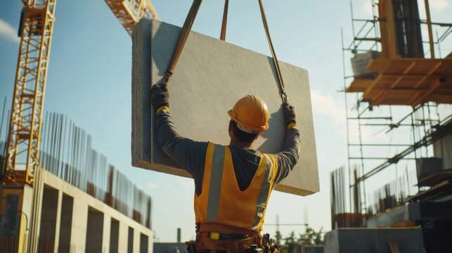 Laborer lifting large stone slabs at construction site. Featuring physical labor and material transport