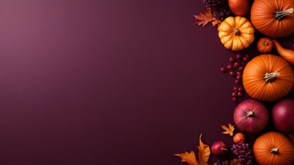 A colorful display of 3D-rendered pumpkins and autumn fruits arranged on a smooth purple background, showcasing seasonal beauty with inviting warm tones