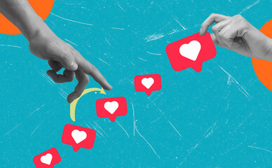 Modern art art collage featuring bouncing fingers over heart icons on a blue background.