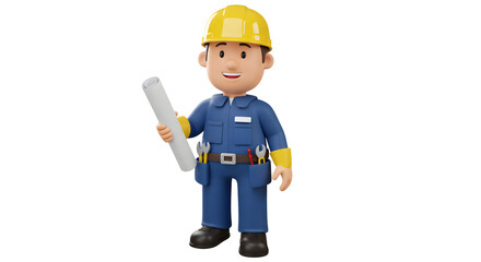 Happy Cartoon Construction Worker Holding Blueprint