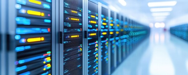 Cloud AI for medical data learning and secure healthcare concept. Modern data center with servers and glowing LED indicators.