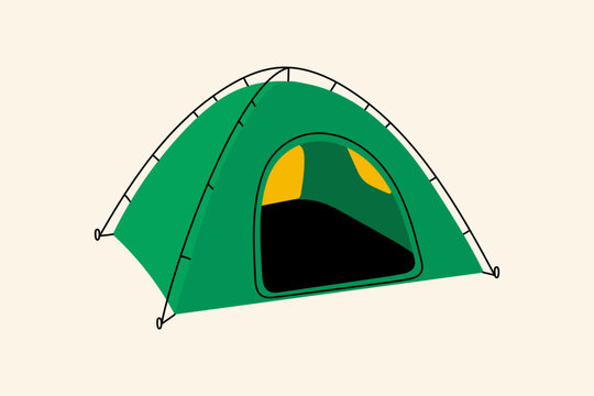 Camping tent illustration. Vector tent for outdoor adventure, hiking, travel, summer vacation, campsite, nature tourism, or wilderness exploration design themes. Flat cartoon style.