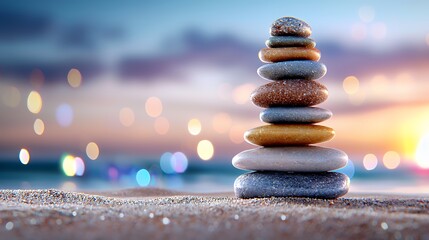 Obraz premium Zen stones stacked on beach at sunset