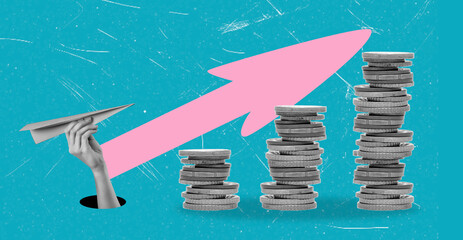 Modern art collage image of a hand holding a paper airplane and a stack of money.