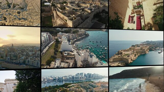 Old Towns and Rooftop Views of Malta captured in a cinematic collage of Maltas architecture, coastlines and heritage. A dynamic visual journey through iconic landscapes and cities.