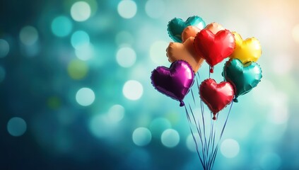 Heart shaped balloons in various colors against a bokeh background.