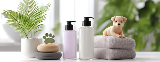 Relaxing pet care products and adorable puppy.