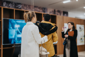 Obraz premium Business workers discuss ideas and brainstorming solutions during a professional meeting in a stylish city office environment, fostering communication, and diverse perspectives for innovative outcomes